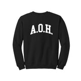 Black crewneck sweatshirt with A.O.H. in white on the back
