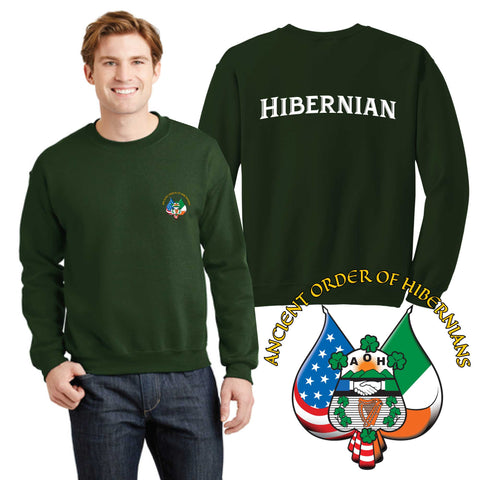 Model wearing a forest green crewneck sweatshirt with the AOH traditional logo on the left chest and Hibernian in white on the back