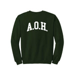 Forest green crewneck sweatshirt with A.O.H. in white on the back