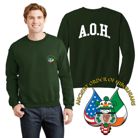 Model wearing forest green crewneck sweatshirt with the AOH logo on the left chest and A.O.H. written in white on the back