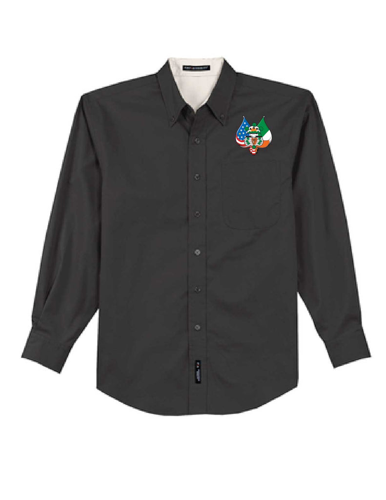 embroidered long sleeve dress shirts CLOSEOUT - Men's Long Sleeve Black Embroidered Shop Shirt - Purple Logo