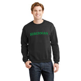 Model wearing a black crewneck sweatshirt with Hibernian printed in green on the front