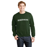 Model wearing a forest green crewneck sweatshirt with Hibernian printed in white on the front
